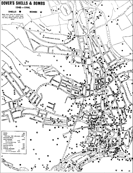 Map showing where the bombs and shells fell on Dover in the Second World War.