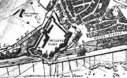 A map of the fort in 1884.  The tunnels from the Town Station can be seen going under the southern corner.
