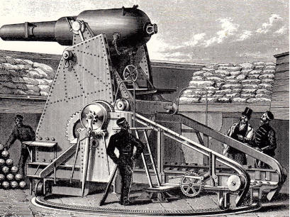 7 inch rifled muzzle loaded gun on a Moncrieff disappearing carriage in the raised (firing) position.