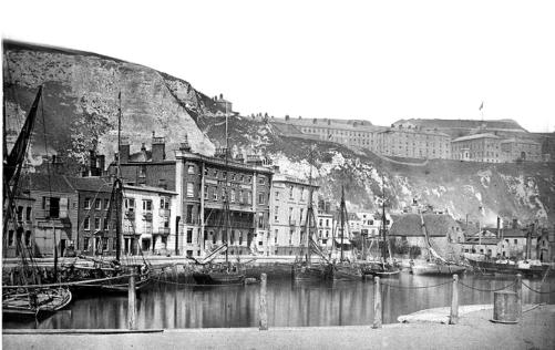Granville Dock c.1865. The Ship Hotel on Custom House Quay can be seen in the centre of the picture.  The Grand Shaft Barracks can be clearly seen on the Western Heights.