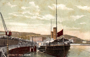 A cross-channel ferry at the Admiralty Pier early 1900s.  This picture dates from before 1909 when work to reclaim the land for building the Marine Station started.