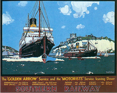 Southern Railway poster, 1930s.  Showing the 'Canterbury' (left) and 'Autocarrier'.