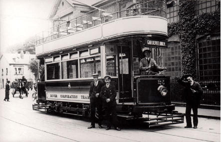 Car No.25 (built in 1920) outside Buckland Depot.  The side of Buckland Paper Mill can be seen behind the tram.