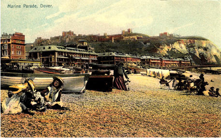 Marine Parade c.1905. An Edwardian beach scene.  The building on the left hand edge of the picture is the Grand Hotel.  The landward end of the Promenade Pier can be seen on the right.