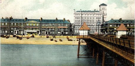 The view from the Promenade Pier showing Marine Parade and the Burlington Hotel. c.1900.