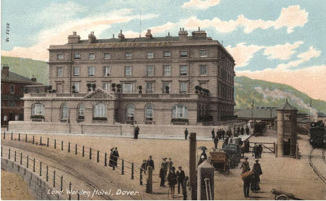 Lord Warden Hotel c.1900.  Viewed from the Admiralty Pier.  The Railway track on the right leads to the Harbour Station and the one on the left to the Town Station.
