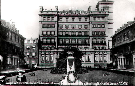 Burlington Hotel c.1900.  Seen across Clarence Lawn. The memorial to Captain Matthew Webb, the first man to swim the Channel, can be seen in the foreground.