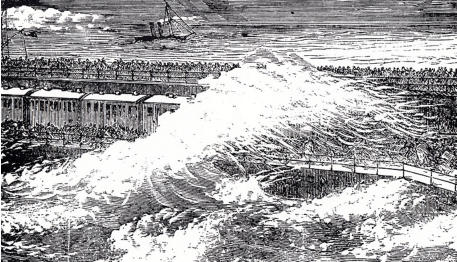 The Admiralty Pier in a storm, 1860s. Before the building of the Marine Station there was little shelter for trains and passengers.