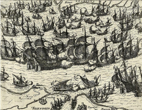 The Spanish Armada, 1588. The armada being attacked by English ships.
