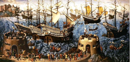 The Embarkation of Henry VIII at Dover, 1520.  Henry sets off for France with Katherine of Aragon and an entourage of 5,000 people.