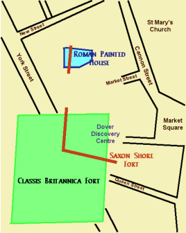 Map of the known remains of Roman Dover overlaid on the modern street plan.