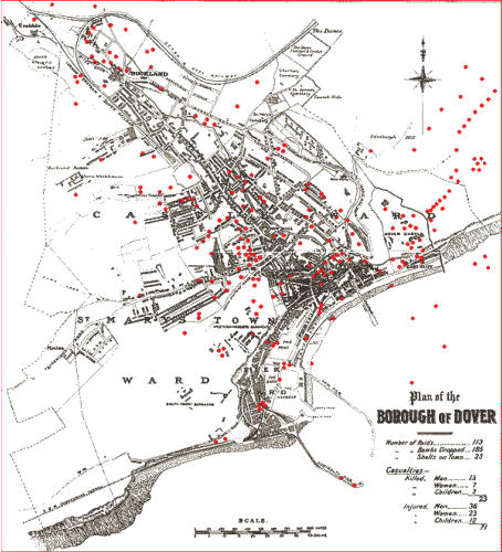 Map showing where the bombs and shells fell on Dover during the First World War.