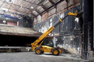 Demolition, August 2014. The remains of the auditorium. The black paint dates for its time as a night club.